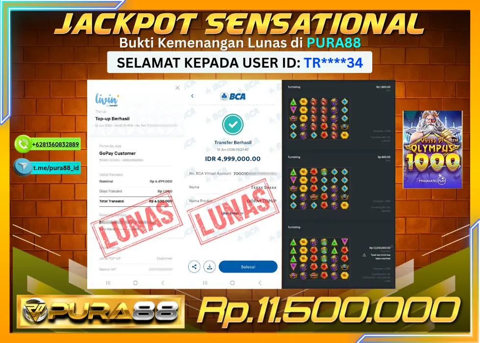 PURA88 JACKPOT GATES OF OLYMPUS 1000 Rp 11.500.000,- LUNAS